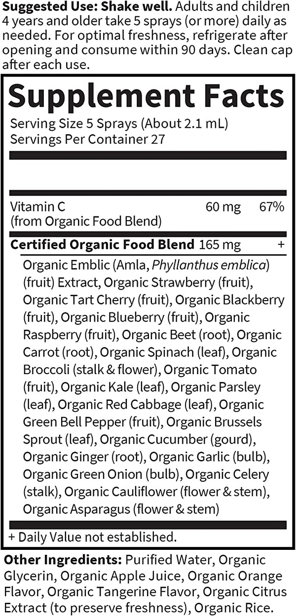 Ingredients of Garden of Life Organic Vitamin C for Kids and Adults: