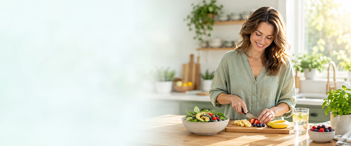 Healthy woman preparing fresh fruit and salad in a bright, sunlit kitchen